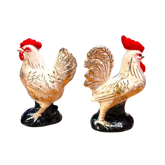 1 Vintage rooster & set of Salt & Pepper Shakers Rooster & Hen Japan Gilded 4.5” - Picture 5 of 9